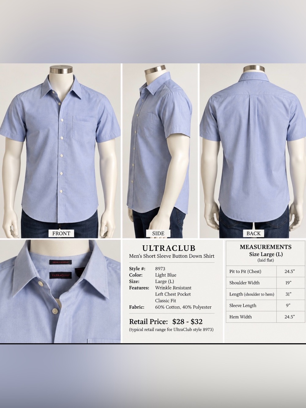 Ultra Club Men’s Light Blue Short Sleeve Button-Down Shirt - Classic Fit, Size L